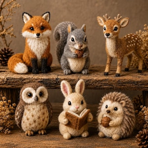 May include: A collection of six needle-felted animal figurines including a fox, a squirrel holding an acorn, a spotted deer, an owl, a rabbit holding an open book, and a hedgehog holding an acorn, all arranged on a rustic wooden surface.