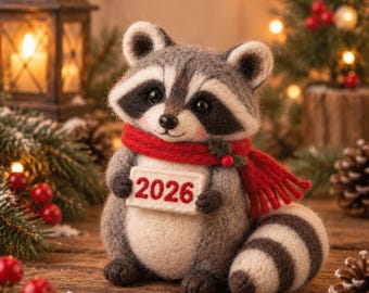 Needle Felted Raccoon Figurine, Miniature Wool Raccoon with Red Scarf and 2026 Sign, Winter Holiday Decor, New Year Animal Gift