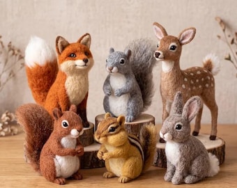 Woodland Animals Needle Felt Set, Handmade Wool Forest Figurines, Squirrel Chipmunk Deer Rabbit Fox Nursery Decor, Nature Lover Gift