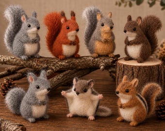 Needle Felted Squirrels Set , Handcrafted Wool Felt Forest Animals Decor, Halloween Gift for Animal Lovers