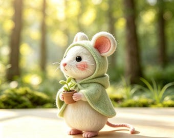 Needle Felted Mouse with Coffee Cup, Felt Mouse Figurine, Cute Cottagecore Animal Decor, Handmade Mini Wool Mouse Statue