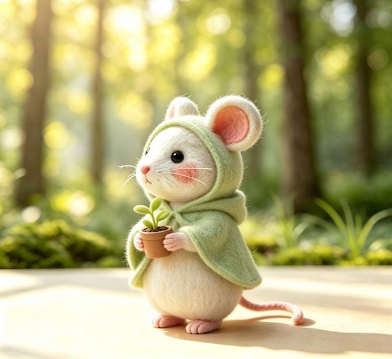 Needle Felted Mouse with Coffee Cup, Felt Mouse Figurine, Cute Cottagecore Animal Decor, Handmade Mini Wool Mouse Statue
