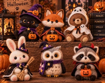 Needle Felted Halloween Animal Figurine, Cute Wool Felt Witch Cat & Pumpkin Fox, Spooky Fall Tiered Tray Decor, Handmade Halloween Gift