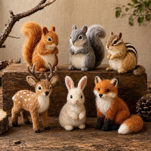 May include: A collection of six needle-felted animal figurines including a red squirrel, a gray squirrel, a chipmunk, a spotted deer, a white rabbit, and a fox. Each figure features textured wool fibers, dark eyes, and realistic poses.