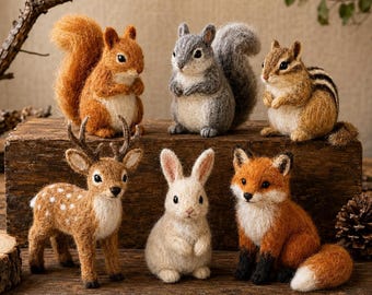 森の動物のニードルフェルトセット、手作りのウール製森の置物、リス、シマリス、鹿、ウサギ、キツネの子供部屋の装飾、自然愛好家へのギフト