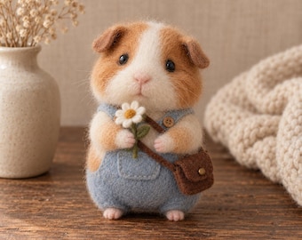 Needle Felted Guinea Pig Figurine, Miniature Wool Hamster or Cavy Wearing Overalls with Flower, Cute Pet Animal Plush, Rustic Nursery Decor