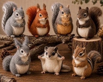 Needle Felted Squirrels Set , Handcrafted Wool Felt Forest Animals Decor, Halloween Gift for Animal Lovers