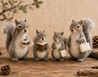 Needle Felted Gray Squirrel Family Set of 4, Handcrafted Wool Animals Decor, Christmas Gift for Collectors