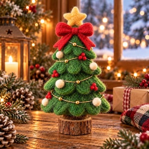May include: A felted green Christmas tree ornament featuring a yellow star topper, a large red bow, gold string garland, white felted spheres, and clusters of red berries. The tree is mounted on a circular wooden base with a textured bark edge.