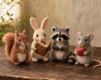 Handmade Needle Felted Animals Set, Wool Squirrel Rabbit Raccoon Mouse Figurines, Miniature Forest Animal Collectible, Nature Lover Gift