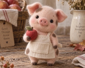 Needle Felted Pig Figurine, Miniature Wool Pig with Apron and Apple, Farm Animal Toy, Cottagecore Nursery Decor,3in