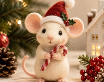 Needle Felted Mouse Christmas Ornament, Wool Felt Animal Figurine, Handmade Holiday Tree Decoration, Cute Mouse Lover Gift