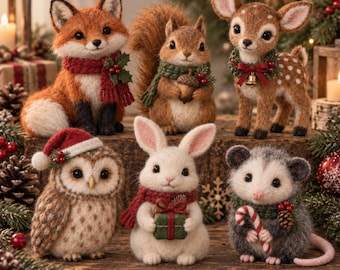 Needle Felted Christmas Woodland Animal Figurine, Cute Wool Felt Fox Fawn Squirrel Owl Bunny Opossum, Holiday Decor, Christmas Gift
