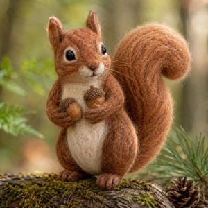 May include: A needle-felted squirrel figurine with reddish-brown fur and a cream-colored chest. The squirrel has black eyes, pointed ears, and a large, bushy tail. It is holding two small brown acorns in its front paws while standing upright.
