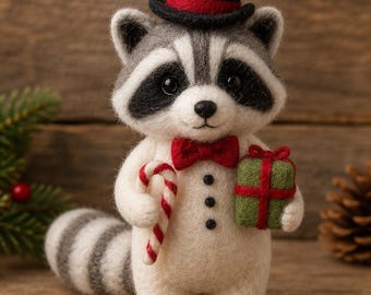 Needle Felted Christmas Raccoon Figurine, Miniature Wool Raccoon with Gift and Candy Cane, Winter Holiday Decor, Rustic Christmas Gift