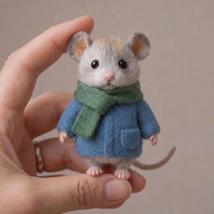 May include: A small needle-felted mouse figurine with grey and tan fur, wearing a blue coat with a pocket and a green scarf. The mouse has black bead eyes, a pink nose, and a long thin tail, crafted with a textured, fuzzy wool appearance.
