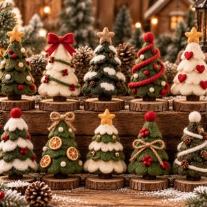 May include: Ten miniature felt Christmas trees arranged in two rows, each mounted on a circular wooden slice base. The trees feature various decorations including felt stars, red bows, white pom-poms, dried orange slices, and small pinecones.