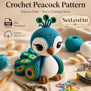 May include: A crochet peacock pattern PDF download featuring a teal and white stuffed peacock toy with large black eyes, a brown beak, and colorful tail feathers. The image includes text: Crochet Peacock Pattern, Pattern Only, NexLevelArt.
