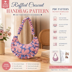 Borsa a mano con volant a mezzaluna e design a balze, borsa a mano vintage plissettata, tutorial in PDF, borsa scrunch