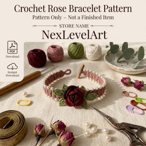Crochet Rose Bracelet Pattern PDF, Crochet Bracelet, Rose Bangle Pattern, Floral Jewelry, Instant Digital Download