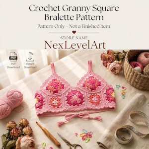 Puede incluir: Un bralette de ganchillo hecho de cuadrados granny rosas, naranjas y rojos con tirantes finos y cierre de lazo. El texto dice: Crochet Granny Square Bralette Pattern, Pattern Only - Not a Finished Item, STORE NAME NexLevelArt, PDF Download, Instant Download.