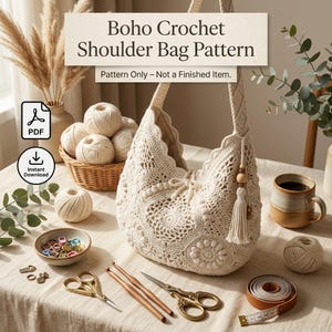 Peut inclure: Un modèle de sac à bandoulière au crochet avec le texte Boho Crochet Shoulder Bag Pattern et Pattern Only – Not a Finished Item. L'image montre des pelotes de laine crème, un panier, des crochets, des ciseaux, des marqueurs et un mètre ruban.