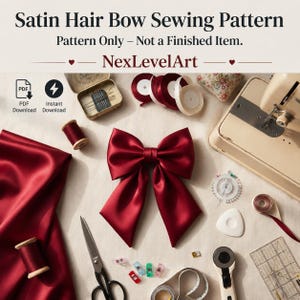 Puede incluir: Un patrón de costura digital para un lazo de satén para el cabello titulado Satin Hair Bow Sewing Pattern de NexLevelArt. La imagen muestra un lazo de satén rojo oscuro terminado, tela roja, máquina de coser, tijeras y carretes.