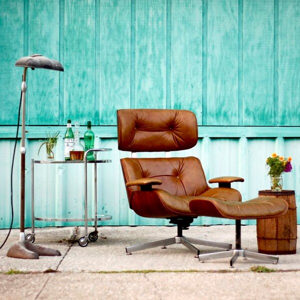 Vintage Eames Style Tan Leather Lounge Chair and Ottoman in Camel