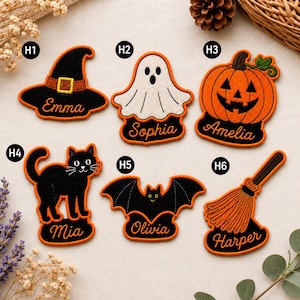 Halloween Patch Collection, Ghost Bat Pumpkin Witch Black Cat Iron-On Embroidered