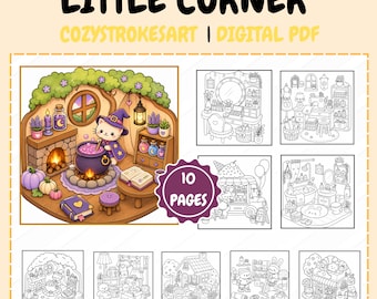 Kleurboek Little Corner: 10 gezellige pagina's + 10 gratis bonuspagina's. Superleuke ontwerpen van knusse, hygge-achtige plekjes. Printbaar kleurboek in PDF-formaat voor volwassenen.