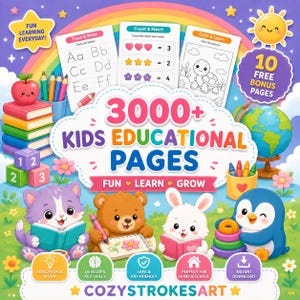 May include: A digital educational resource bundle titled 3000+ KIDS EDUCATIONAL PAGES featuring colorful illustrations of a cat, bear, rabbit, and penguin. The design includes worksheets for tracing letters, counting, and coloring, plus a globe and books.