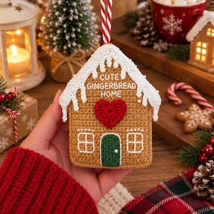 Puede incluir: Un adorno de casa de jengibre tejido a ganchillo en hilo color canela con un techo blanco y detalles de cuentas. El frente muestra un corazón rojo tejido, una puerta verde, ventanas bordadas en blanco y el texto CUTE GINGERBREAD HOME.