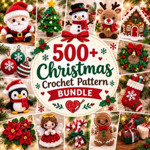 Puede incluir: Un gráfico digital con el texto 500+ Christmas Crochet Pattern BUNDLE rodeado de varios artículos navideños de ganchillo, incluyendo un Santa, un muñeco de nieve, un reno, un hombre de jengibre, un ángel, un árbol, una corona y un calcetín.