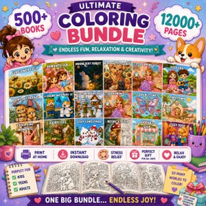 May include: A digital coloring book bundle advertisement featuring the text Ultimate Coloring Bundle, 500+ Books, and 12000+ Pages. The image displays a grid of colorful illustrations, a printed coloring book, a pencil holder, and various icons.