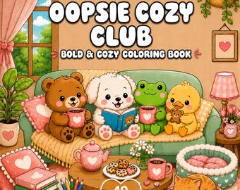 Oopsie Cozy Club Kleurboek, Kawaii Dieren, Opvallende Lijntekeningen (Digitale Download)