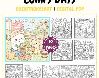 Comfy Days Super Cute Animal Characters Coloring Book, 10 Free Bonus Pages Cozy Hygge Moments, Cute Animal Coloring Pages, digital download