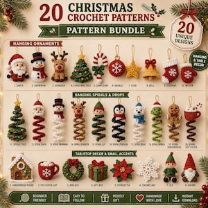 May include: A digital pattern bundle titled 20 Christmas Crochet Patterns featuring 20 unique designs. The image displays various crocheted ornaments including Santa, a snowman, reindeer, trees, candy canes, stars, bells, stockings, and mittens.
