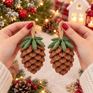 May include: Two crocheted pinecone ornaments featuring brown textured scales and green needle-like tops. Each ornament includes a braided tan loop at the top for hanging, crafted with detailed yarn stitching to mimic the appearance of natural pinecones.