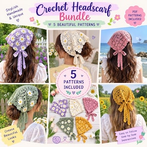 Könnte beinhalten: Ein Häkel-Kopftuch-Set mit fünf verschiedenen Mustern. Die Kollektion umfasst dreieckige Kopftücher in Lavendel, Creme, Rosa, Salbeigrün und Senfgelb, jeweils mit Bindebändern und floralen oder filigranen Spitzenmustern versehen.