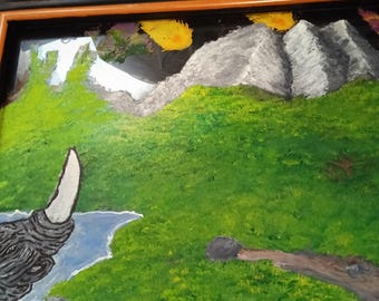 Pintura em vidro invertido: Paisagem pré-histórica, meteoritos, montanhas, arte pintada à mão.