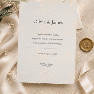 Pode incluir: Um cartão de convite de casamento branco com texto preto em fonte serifada que diz Olivia & James, Together with their families request the pleasure of your company at the celebration of their marriage, Saturday, 20 September 2027, The White Garden Florence, Italy.