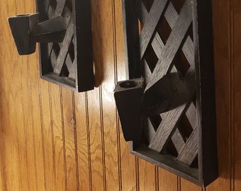 Vintage Mid Century Modern Candle Sconces Wall Black Molded Lattice