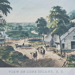 May include: A vintage lithograph print depicting a rural scene on Long Island, New York. The print features a farmhouse, a barn, a dirt road, and a group of cows walking down the road. The scene is set in a lush green landscape with trees and a river in the background. The print is titled "View on Long Island, N.Y."