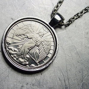 GUARDIAN ANGEL NECKLACE Pendant Angel Coin Token Vintage Silver Brass Copper Nickel Finish