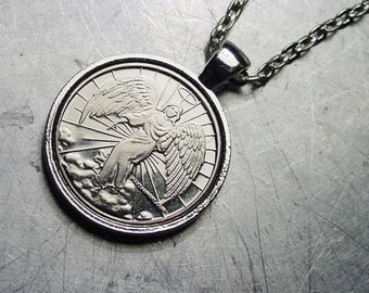 GUARDIAN ANGEL NECKLACE Pendant Angel Coin Token Vintage Silver Brass Copper Nickel Finish