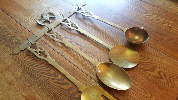 vintage midcentury oversized brass utensils wall hanging | etsy