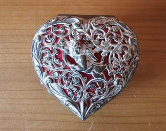 VALENTINE Heart with Cupid Mid Century Jewelry Trinket Box Cast Metal