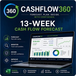May include: A laptop displaying the Cashflow360 executive dashboard with financial charts, graphs, and data tables. The screen shows a 13-week cash flow forecast, including cash position, receipts, disbursements, and disbursement categories in blue and green.