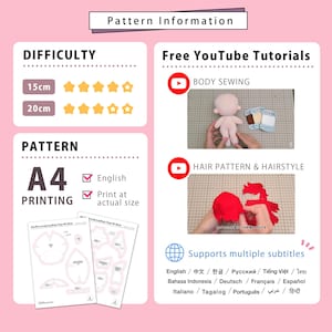 K&ouml;nnte beinhalten: Ein Informationsblatt f&uuml;r Schnittmuster zur Puppenherstellung. Es enth&auml;lt Schwierigkeitsgrade f&uuml;r 15cm und 20cm Gr&ouml;&szlig;en, Anleitungen f&uuml;r den A4-Druck sowie Links zu YouTube-Tutorials f&uuml;r das N&auml;hen des K&ouml;rpers und das Stylen der Haare.