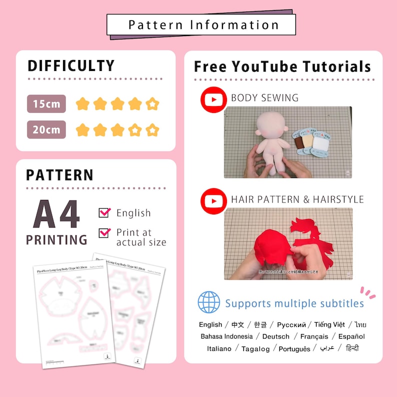 K&ouml;nnte beinhalten: Ein Informationsblatt f&uuml;r Schnittmuster zur Puppenherstellung. Es enth&auml;lt Schwierigkeitsgrade f&uuml;r 15cm und 20cm Gr&ouml;&szlig;en, Anleitungen f&uuml;r den A4-Druck sowie Links zu YouTube-Tutorials f&uuml;r das N&auml;hen des K&ouml;rpers und das Stylen der Haare.